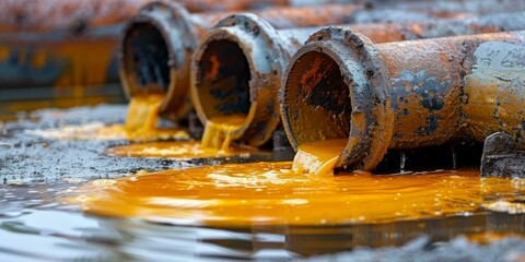 Contaminated rusty industrial pipes pouring dirty yellow toxic waste into pool, dirty polluted liquid, environmental damage, water contamination, harmful chemical leakage