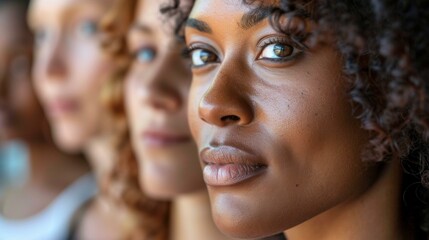 Young multi-ethnic women in close up portrait, representing diversity and female empowerment, girls stand side by side looking ahead, focus on first model.