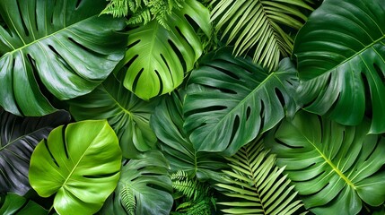 Fototapeta premium Lush green foliage featuring a variety of tropical leaves, showcasing the beauty of nature in a vibrant and textured arrangement perfect for fresh decor or botanical themes.