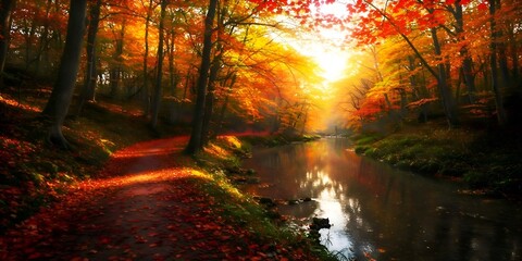 Obraz premium Autumnal River Scene Golden Leaves and Sunlit Path in the Forest