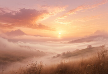 Obraz premium Sunset over a Misty Landscape