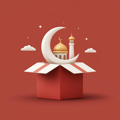 Red box with a gold dome on top of it is open. The box is placed on a red background. The dome on top of the box is shaped like a crescent moon. The scene gives off a festive and celebratory mood