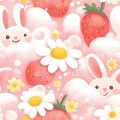 Cute Pastel Bunny and Strawberry Seamless Pattern

