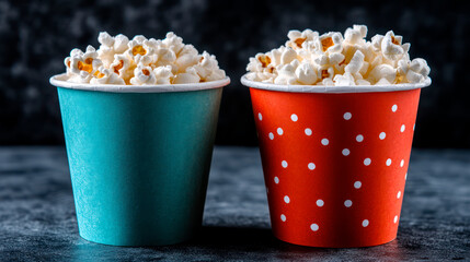 Red and blue buckets with popcorn on dark studio background