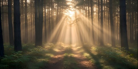 Obraz premium Sunbeams Illuminating a Mystical Forest Path A Serene Nature Photography
