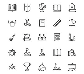 science icons set. book, calculator, note book, school bag etc.