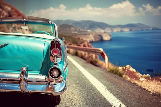 Fototapeta Classic convertible driving along a scenic coastal road with warm film like color tones