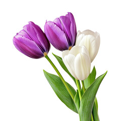 A stunning bouquet of purple and white tulips blooming against a black background