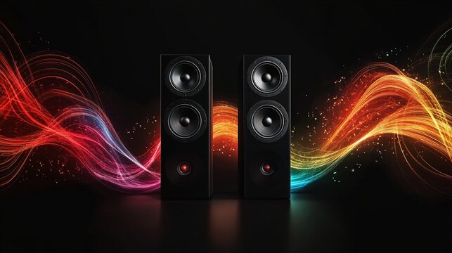 Dynamic sound waves illuminate the power of music through vibrant, flowing light streams surrounding sleek black speakers against a dark cosmic background