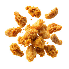 Crispy Flying Fried Chicken Nuggets with Crumbs Isolated on Transparent White Background

