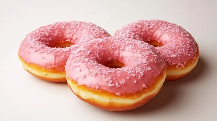 Deliciously sweet pink frosted donuts sprinkled with coconut flakes, perfect for any dessert lover&rsquo;s indulgence or themed celebration, adding color and joy to your table.