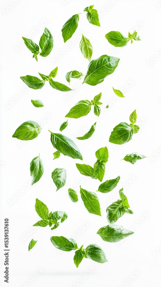 Poster fresh green basil leaves floating and falling against a clean white background, creating a dynamic c