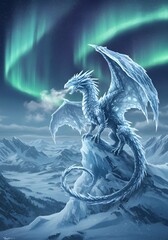 Naklejka premium Majestic Ice Dragon Under the Aurora Borealis Fantasy Art