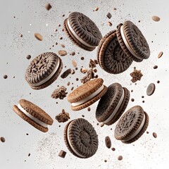 Flying Oreo Cookies with Crumbs Isolated on Transparent Background


