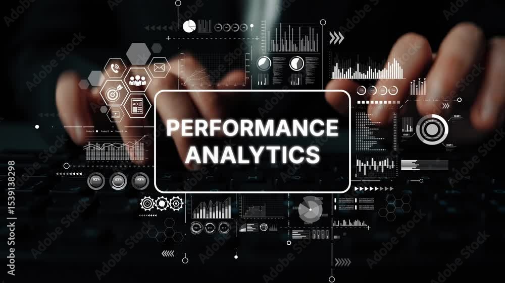 Poster Hands of an Analyst Typing on Keyboard with Performance Analytics Graphics Overlay for Data Insights. Asymptotic smart data analytic.