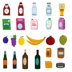 Hypermarket products and food cartoon design collection set