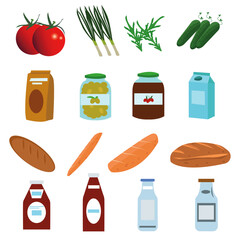 Hypermarket products and food cartoon design collection set