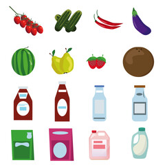 Hypermarket products and food cartoon design collection set