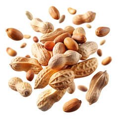 Flying Tasty and Nutritious Peanuts Isolated on Transparent White Background

