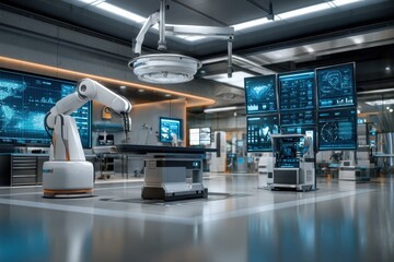 Futuristic medical facility showcasing advanced robotic technology and digital interfaces for healthcare innovation