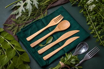Eco-Friendly Wooden Utensils with Leaves – Minimalist Green Background for Natural Tableware Concept.