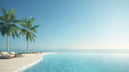 Fototapeta premium Tranquil infinity pool overlooking the ocean with palm trees.