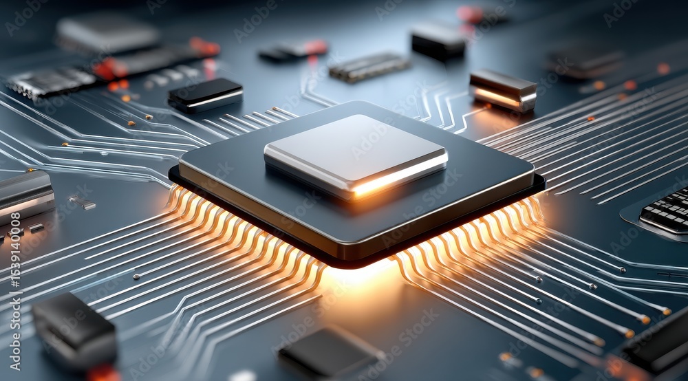 Poster close-up of a glowing microchip on a futuristic circuit board