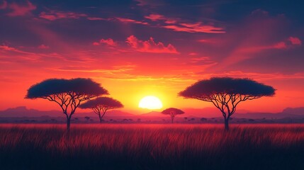 Breathtaking Sunset Over Serene African Savanna with Silhouetted Trees