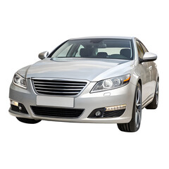 Front View of Sleek Modern Silver Sedan Car Luxury Vehicle on White Background

