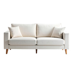 Fototapeta premium Modern minimalist white sofa with plush cushions and wooden legs in a contemporary living room setting perfect for stylish home decor