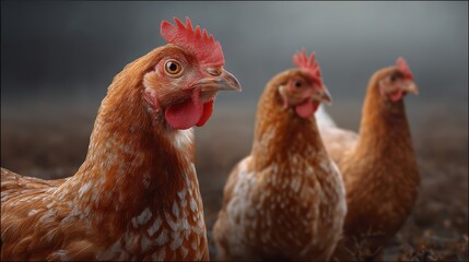 Fototapeta premium Three brown heritage chickens on white background