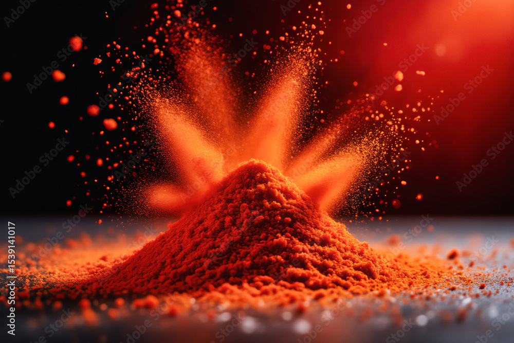 Poster a vibrant explosion of red powder erupts from a small pile, creating a dynamic and abstract visual a
