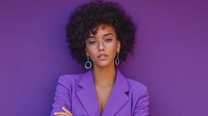Beautiful Woman with Curly Hair in Purple Blazer and Glasses