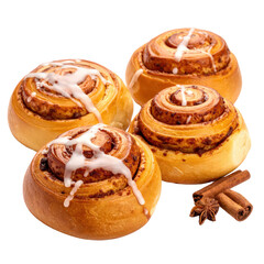 Fototapeta premium Freshly baked cinnamon rolls with white icing drizzled on top, served with cinnamon sticks and star anise, ideal for breakfast or dessert