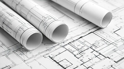 Rolled architectural blueprints on a table.