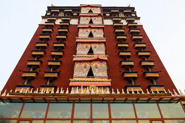 Milarepa Tower in Hezuo city, a unique Tibetan architectural landmark in the historical Amdo region, now part of Gansu province, featuring traditional Buddhist design elements.