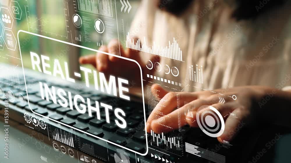 Poster Hands Typing on Keyboard with Digital Interface Showing Real-Time Insights and Data Visualization Elements. Asymptotic smart data analytic.