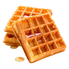 Close-up of two freshly baked golden brown waffles stacked with syrup on a plain white background, showcasing crispy texture and sweet flavor in high detail