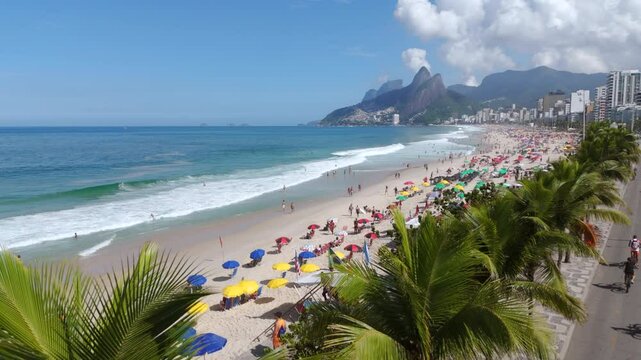 Aerial view of famous Ipanema Beach on a sunny day in Rio de Janeiro, Brazil.	
