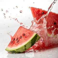 Hyper-Realistic Close-Up of Juicy Red Watermelon Slice with Seeds Isolated on White Background

