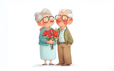 Watercolor drawing of grandfather giving flowers to grandmother on white background. Old people love each other. Grandparents day. Greeting card with space for text