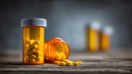 Orange prescription bottles with yellow tablets on white background