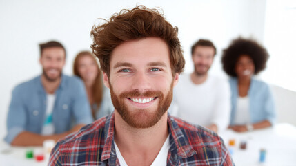 Fototapeta premium Smiling man with diverse team in background. Leadership, success, and unity concepts. Ideal for business, education, or community projects.
