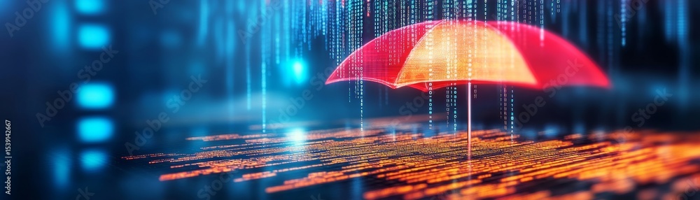 Poster data security concept red umbrella protecting binary code stream, cyber security , protection