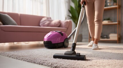Woman Vacuuming Carpet in Modern Living Room, Home Cleaning Routine