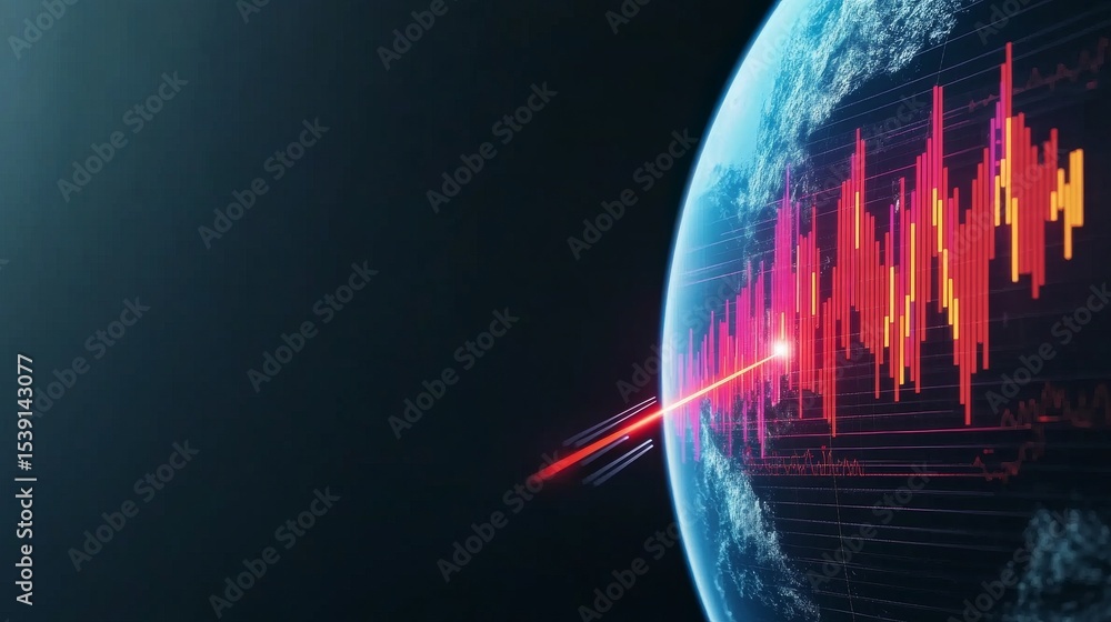 Poster earth data analysis globe with red graph and digital lines, analytics , global