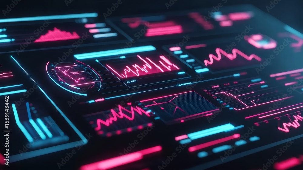Poster futuristic dashboard display with neon charts and data, technology, interface