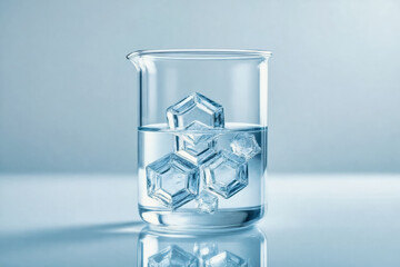 A clear glass beaker filled with water and containing several ice cubes sits on a reflective surface, creating a cool, scientific aesthetic.
