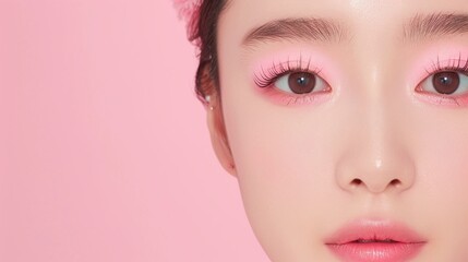 Fototapeta premium Portrait of Asian woman with pastel pink makeup, Minimalistic clean background, Feminine beauty concept with lash and lip focus