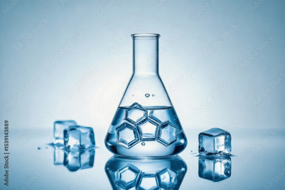 Poster a clear erlenmeyer flask filled with water and ice cubes sits on a reflective surface, creating a sc